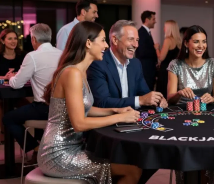 Hosté usmívající se u blackjackového stolu během firemního eventu