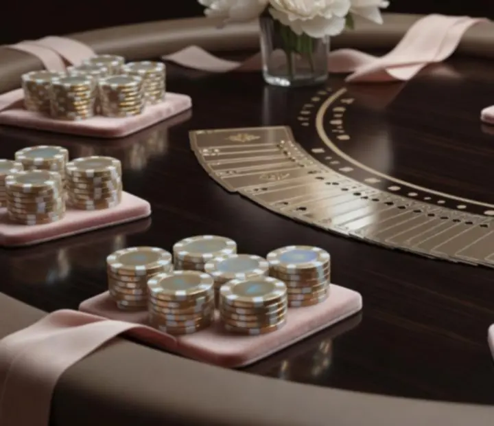 Detail blackjackového stolu se stylovými žetony a kartami