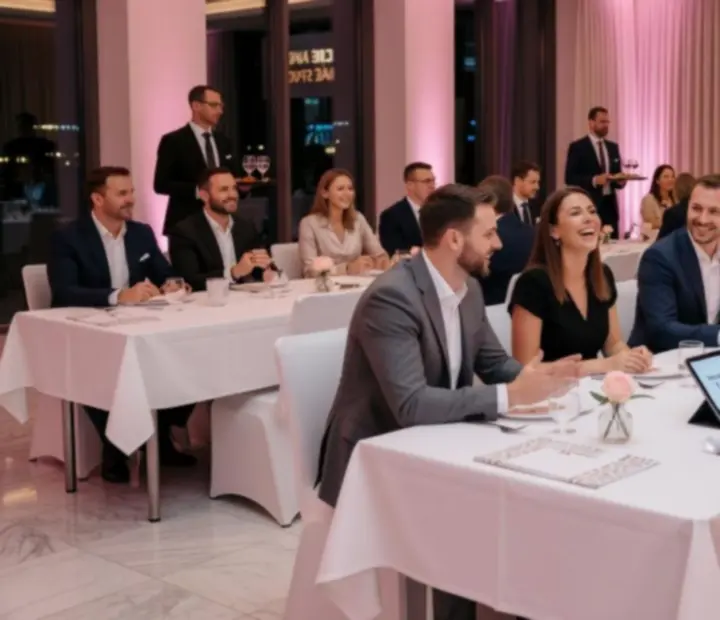 Elegantní firemní večírek s růžovým nasvícením a hosty u stolů