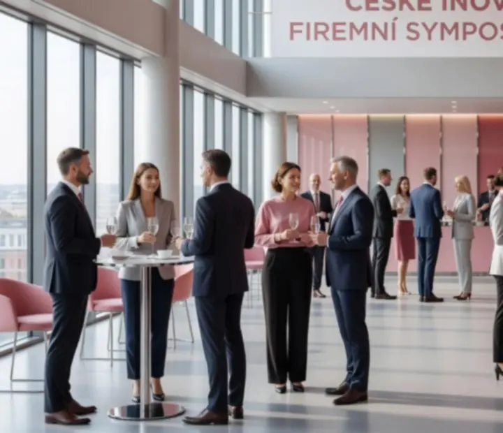 Stylový firemní večer s nasvíceným sálem a hosty u tematických stolů