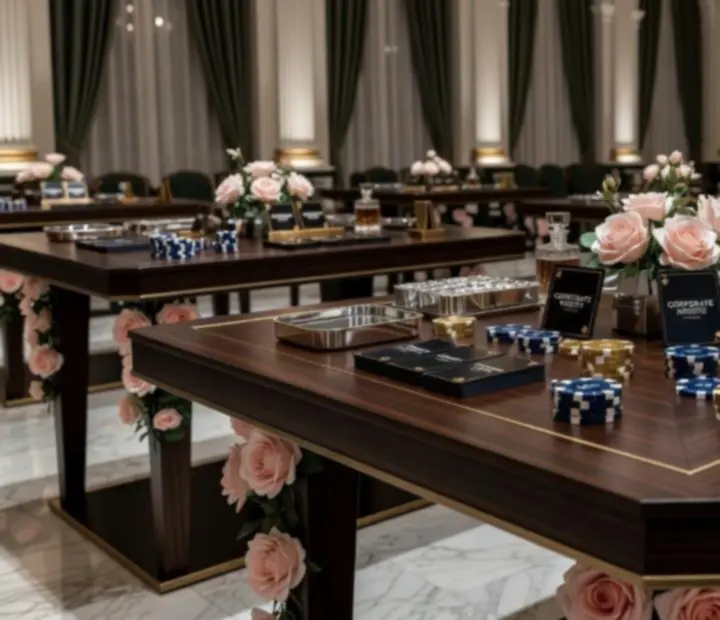Elegantní eventové stoly se žetony a tematickou výzdobou