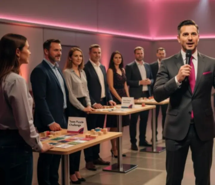 Profesionální event moderátor vítající hosty na firemním večeru