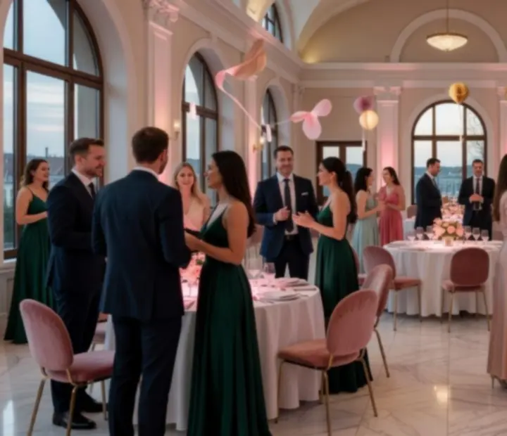 Stylový tematický večer Plzenio s hosty u stolů a růžovým nasvícením