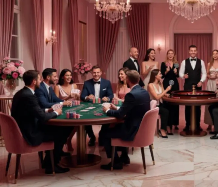 Hosté během pokerově laděného večera se žetony a kartami na stole