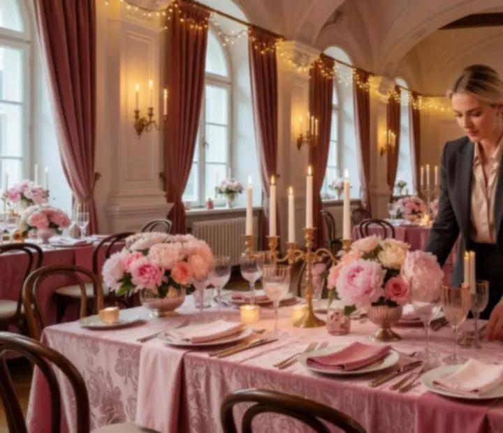 Elegantní tematická výzdoba večerní akce s růžovým nasvícením a dekoracemi